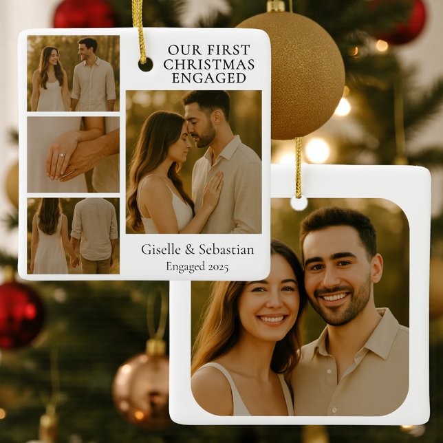 Ornement En Céramique Double Sided First Christmas Engaged Photo (Créateur téléchargé)
