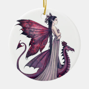 Ornement En Céramique Dragon cramoisi et fantaisie d'art féerique