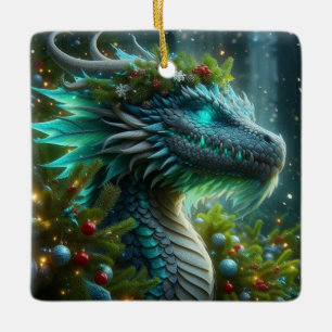 Ornement En Céramique Dragon de Noël Turquoise Magique