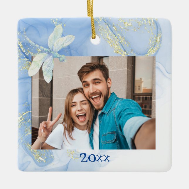 Ornement En Céramique Dragonfly Blue Gold moderne mais élégant (Devant)