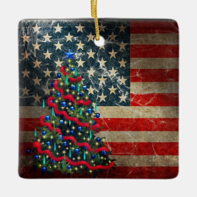 Ornement En Céramique Drapeau américain personnalisé et sapin de Noël (Devant)