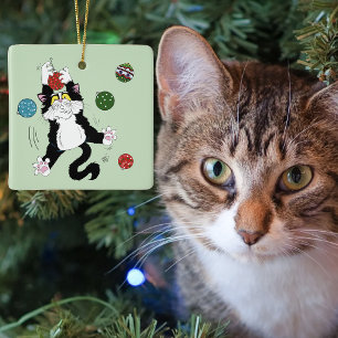Ornement En Céramique Drôle Mignon Chat Tuxedo Noir Blanc Vacances Vert