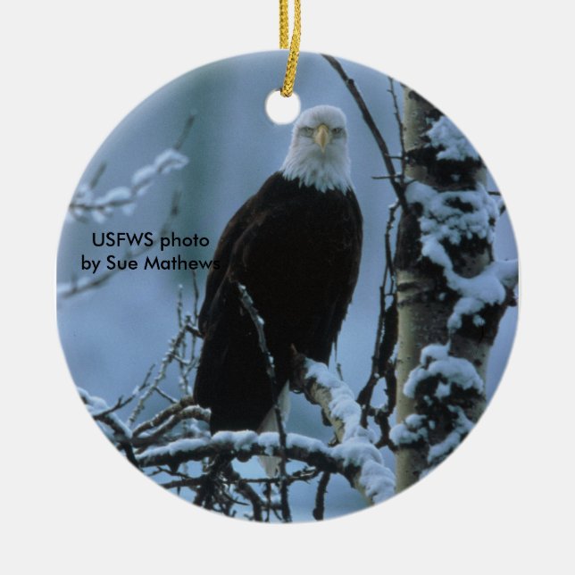 Ornement En Céramique Eagle chauve dans la neige d'hiver (Devant)