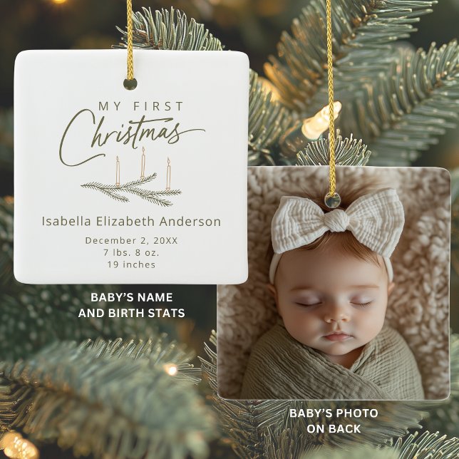 Ornement En Céramique Earth Tones Birth Stats Photo Mon premier Noël (Shown on a Ceramic Square Ornament)