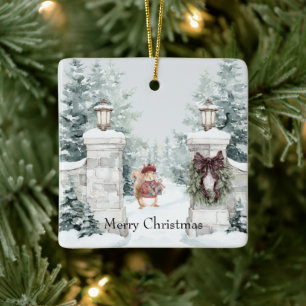 Ornement En Céramique Écureuil Manteau Rouge Neige Noël