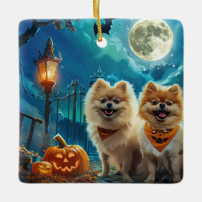 Ornement En Céramique Éffrayant d'Halloween de Poméranie (Devant)
