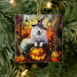 Ornement En Céramique Éffrayant Samoyed Chien Halloween sorcière et Citr