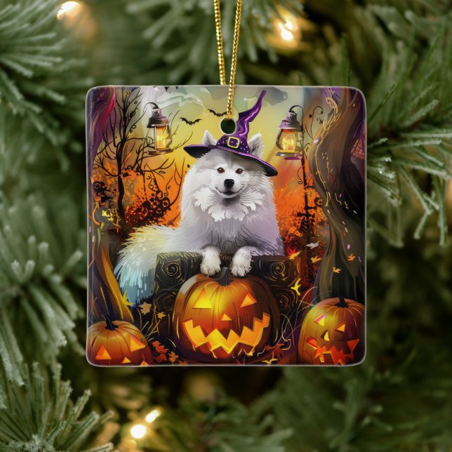 Ornement En Céramique Éffrayant Samoyed Chien Halloween sorcière et Citr (Arbre)