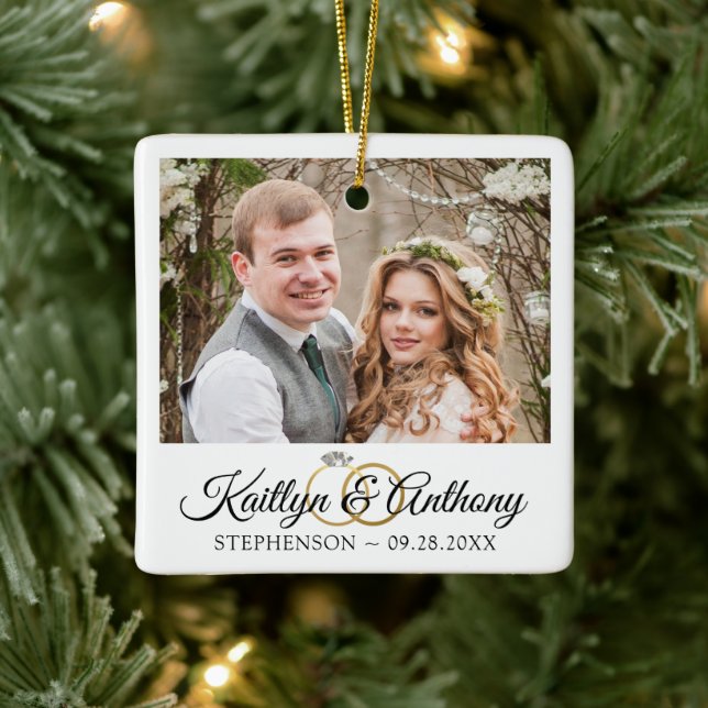 Ornement En Céramique Élégant anneau de mariage 2 Photo Commémoratif Bla (Arbre)