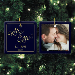 Ornement En Céramique Elegant Blue Gold Mr et Mme 1er Noël