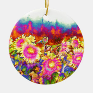 Ornement En Céramique Élégant boho rétro tournesol fleurs rose jaune