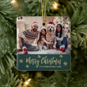 Ornement En Céramique Élégant flocon de neige Green and Gold Photo Noël