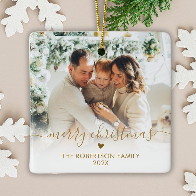 Ornement En Céramique Elegant Gold Script Family Photo Merry Christmas   (Créateur téléchargé)