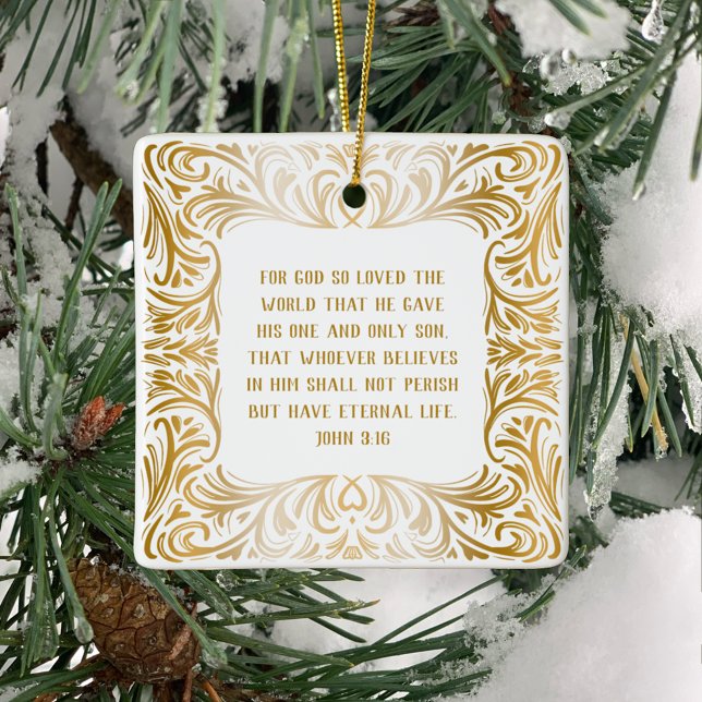 Ornement En Céramique Élégant Golden Custom John 3:16 Bible Noël (Create a beautiful Christmas ornament gift with personal message on back of John 3:16 Bible Verse.)