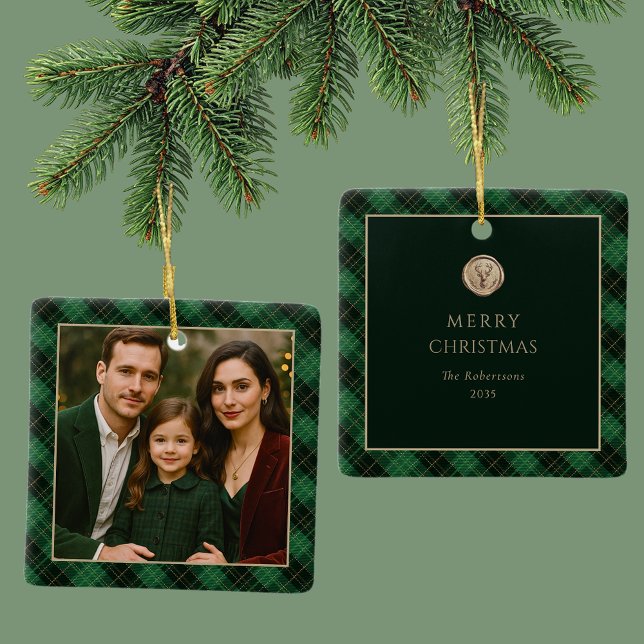 Ornement En Céramique Elegant Green Plaid Personalized Photo  (Créateur téléchargé)
