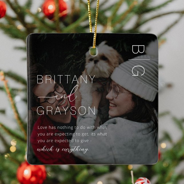 Ornement En Céramique Élégant Monogramme Couple Photo Noël Céramique Ou (Créateur téléchargé)