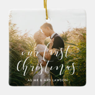 Ornement En Céramique Elégant Notre première photo mariage de Noël