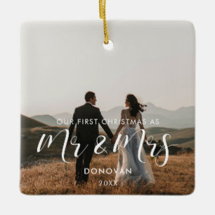 Ornement En Céramique Elégant Notre première photo mariage de Noël