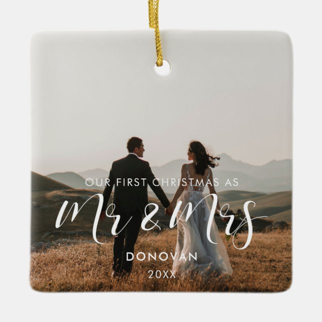 Ornement En Céramique Elégant Notre première photo mariage de Noël (Devant)