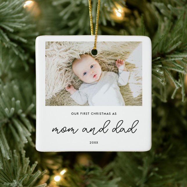 Ornement En Céramique Elégant Nouveau Parents 1er Noël Baby Photo (Arbre)
