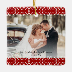 Ornement En Céramique Élégant premier Noël marié Mariage photo rouge