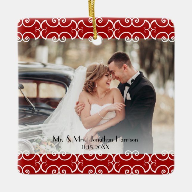 Ornement En Céramique Élégant premier Noël marié Mariage photo rouge (Devant)