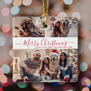 Ornement En Céramique Elégant Rouge Blanc 3 Photo Collage Noël