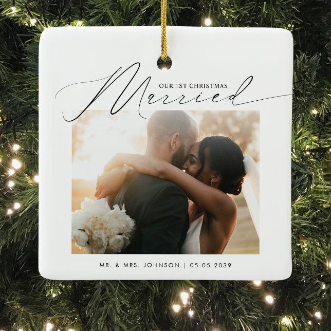 Ornement En Céramique Élégant Script Marié & Joyeux Noël Marié (Créateur téléchargé)