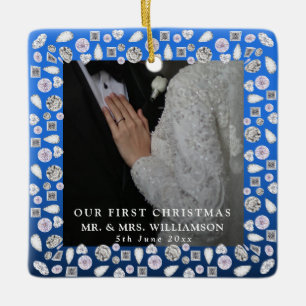 Ornement En Céramique Elégant Silver Blue Heart Diamond Premier Noël