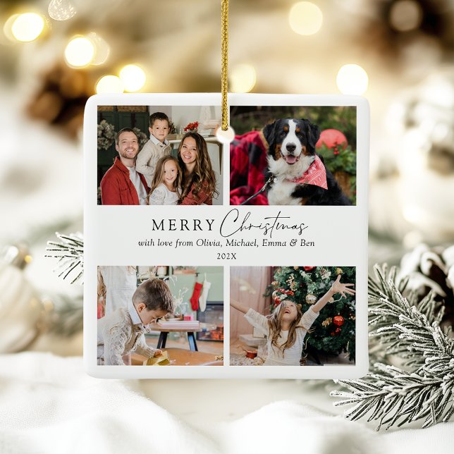 Ornement En Céramique Elégant Simple Family 4 Photo Collage Noël (Simple elegant white customizable 4 photo holiday ornament, plus personal message & your family name)