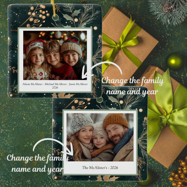 Ornement En Céramique Élégant vert botanique double face (These elegant Christmas ornaments can be hung in your tree or can be gifted to someone special!)