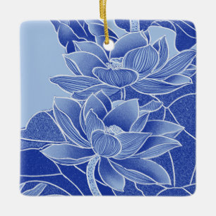 Ornement En Céramique Elégante Fleur Bleue Lotus Mandala Lily Chinoiseri