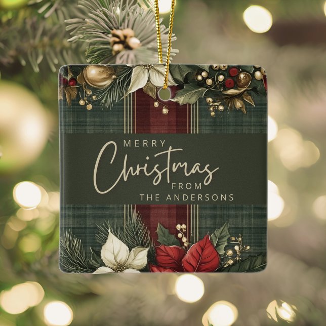 Ornement En Céramique Élégante Poinsettie Plaid Nom Joyeux Noël (Créateur téléchargé)