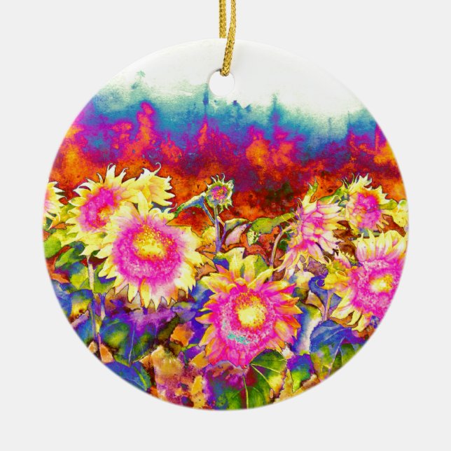 Ornement En Céramique Élégants tournesols rétro boho fleurs roses jaunes (Devant)