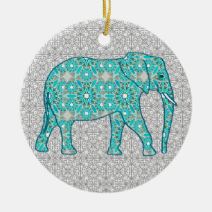 Ornement En Céramique Éléphant de fleur de mandala - turquoise, gris e