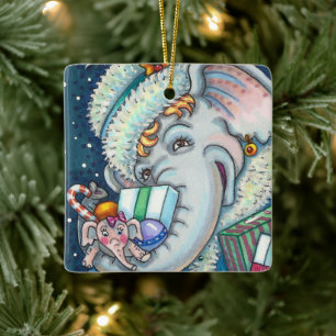 ORNEMENT EN CÉRAMIQUE ÉLÉPHANT DE NOËL, FIER DES CADEAUX ET BONNE CHÈRE