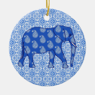 Ornement En Céramique Éléphant de Paisley - bleu et blanc de cobalt