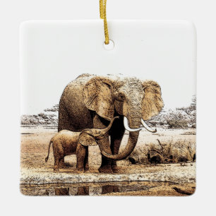 Ornement En Céramique Eléphant et bébé Eléphant