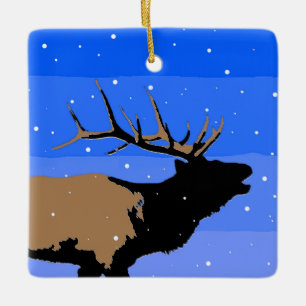 Ornement En Céramique Elk bouillonnant en hiver - Art original de la fau