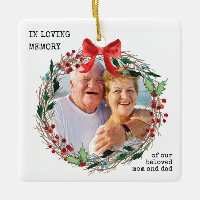 Ornement En Céramique En mémoire d'amour Rustique Holly Wreath Photo (Devant)