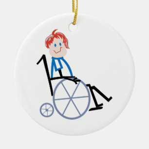 Ornement En Céramique Enfant de fauteuil roulant de bâton