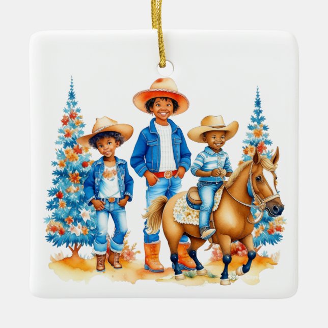 Ornement En Céramique Enfants Cowboy Noir Avec Cheval Noël (Devant)