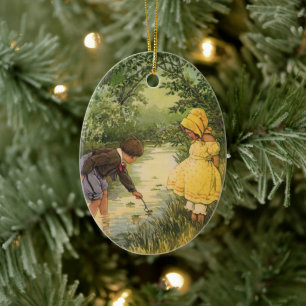 Ornement En Céramique Enfants Vintage, Garçon et Fille Jouant au Ruissea