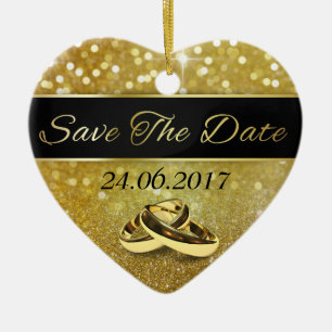 Ornement En Céramique Enregistrer la date Gold Mariage anneaux - Ornemen