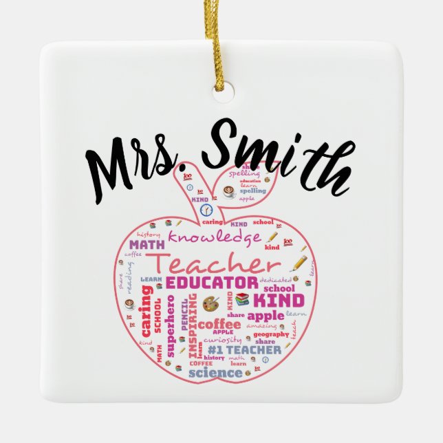 Ornement En Céramique Enseignant personnalisé Apple Word Art Cadeau (Devant)