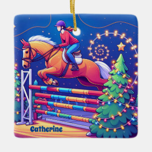 Ornement En Céramique Équestre Femme Jumping Horse Event Noël