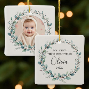 Ornement En Céramique Eucalyptus Photo Baby First Christmas Minimaliste