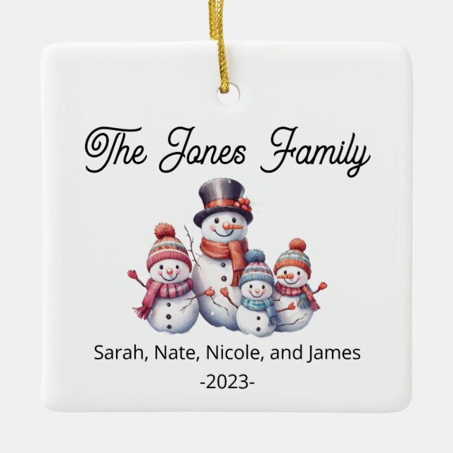 Ornement En Céramique Famille personnalisable de 4 Snowman Holiday (Devant)
