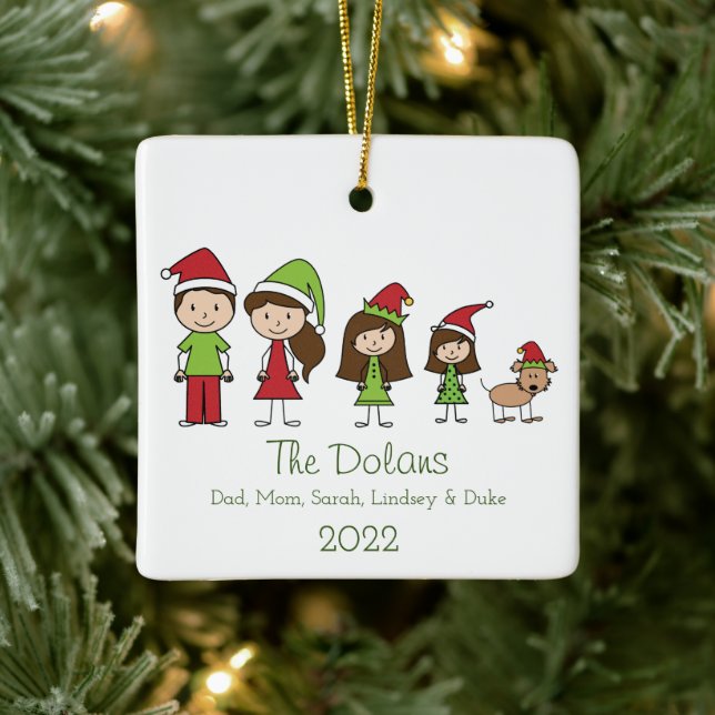 Ornement En Céramique Famille personnalisée avec chien Noël mignon (Arbre)