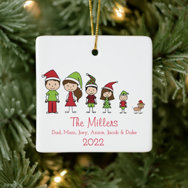 Ornement En Céramique Famille personnalisée de 5 avec Noël de chien (Arbre)